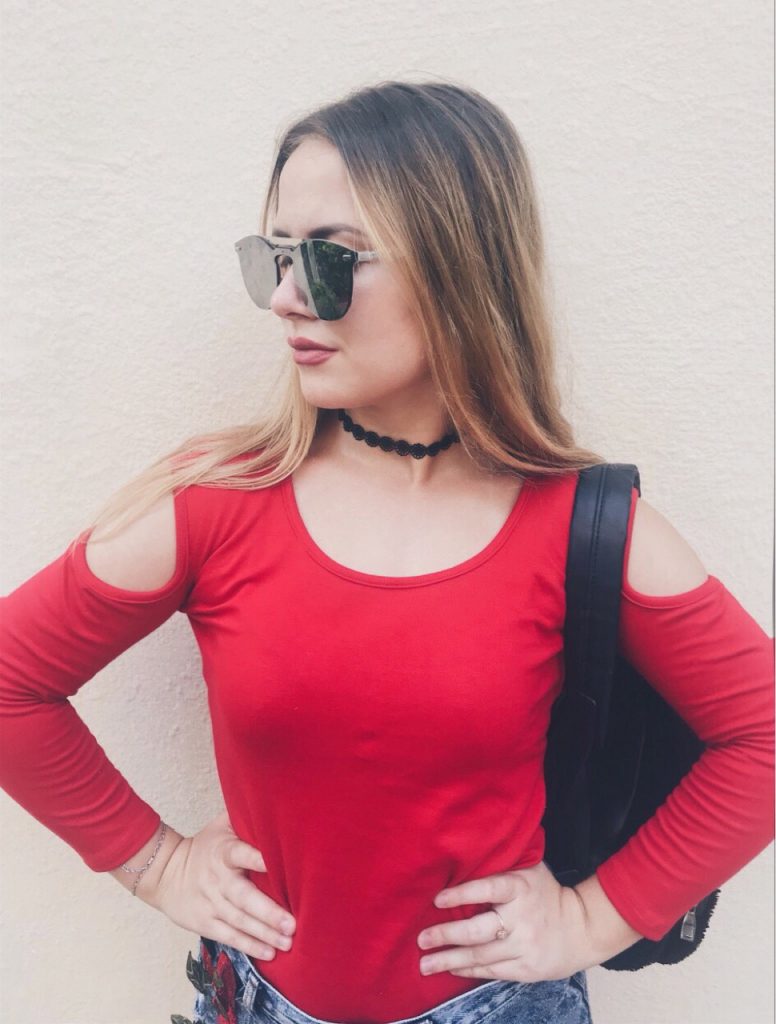 Red Color Round Neck 3/4 Sleeve Cold Shoulder Top in 1x1 Rib